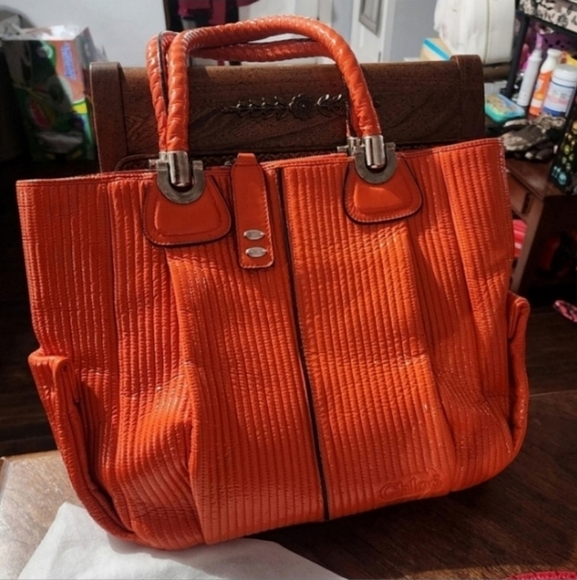 🍁FALL BAG🔥🔥VERY RARE VNTG Chloe ORANGE Patent Lambskin Heloise Large Satchel - Picture 2 of 13